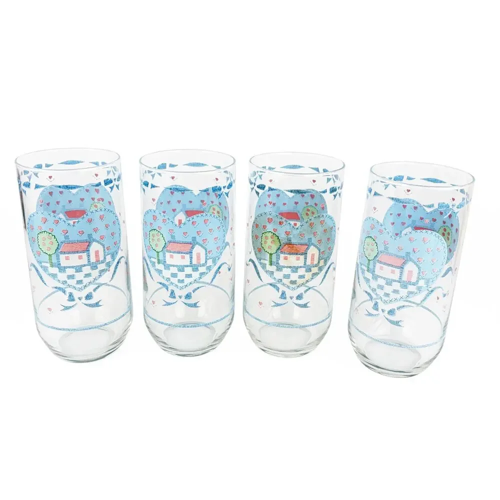 Vintage Cottagecore Farmhouse Folk Art Heart Blue Bow 12 oz Water Glasses Set 4